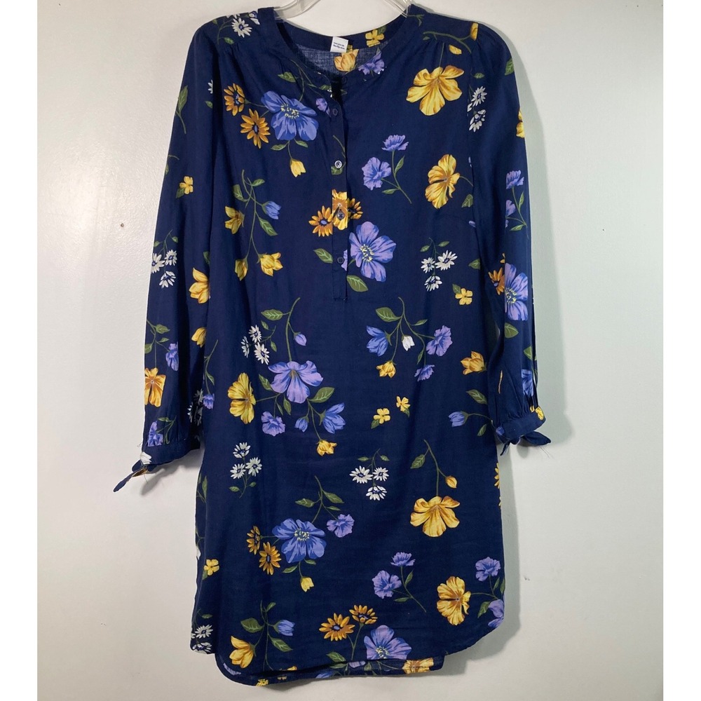 Womens Old Navy Floral 1/2 Button Tunic Dress Navy‎  M 3/4 Tie Sleeves